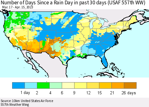 United States Number of Days Since a Rain Day in past 30 days (USAF 557th WW) Thematic Map For 4/11/2023 - 4/15/2023