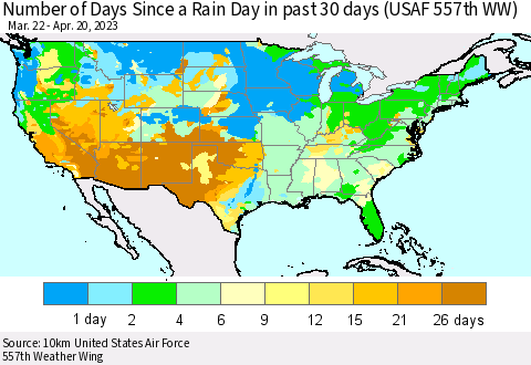 United States Number of Days Since a Rain Day in past 30 days (USAF 557th WW) Thematic Map For 4/16/2023 - 4/20/2023