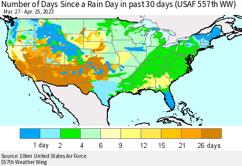 United States Number of Days Since a Rain Day in past 30 days (USAF 557th WW) Thematic Map For 4/21/2023 - 4/25/2023