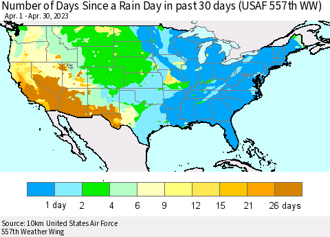 United States Number of Days Since a Rain Day in past 30 days (USAF 557th WW) Thematic Map For 4/26/2023 - 4/30/2023