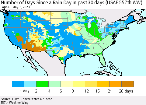 United States Number of Days Since a Rain Day in past 30 days (USAF 557th WW) Thematic Map For 5/1/2023 - 5/5/2023