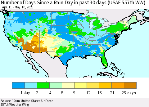 United States Number of Days Since a Rain Day in past 30 days (USAF 557th WW) Thematic Map For 5/6/2023 - 5/10/2023