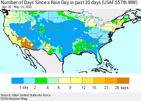 United States Number of Days Since a Rain Day in past 30 days (USAF 557th WW) Thematic Map For 5/11/2023 - 5/15/2023