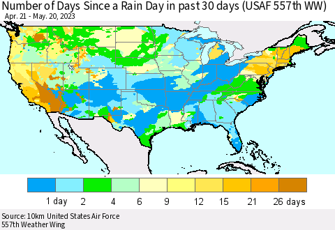 United States Number of Days Since a Rain Day in past 30 days (USAF 557th WW) Thematic Map For 5/16/2023 - 5/20/2023