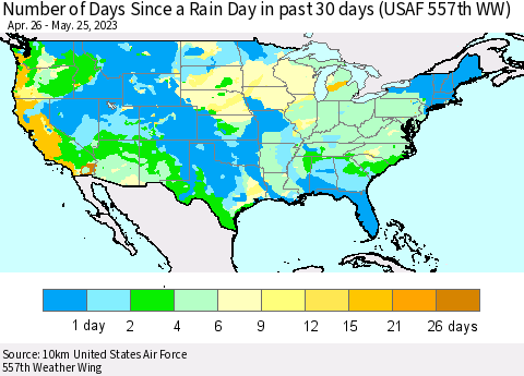 United States Number of Days Since a Rain Day in past 30 days (USAF 557th WW) Thematic Map For 5/21/2023 - 5/25/2023
