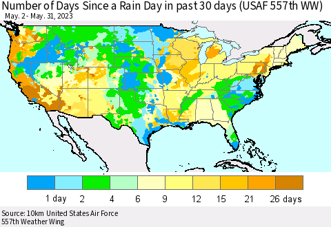 United States Number of Days Since a Rain Day in past 30 days (USAF 557th WW) Thematic Map For 5/26/2023 - 5/31/2023