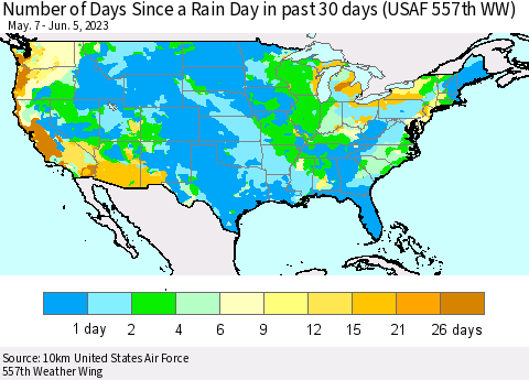 United States Number of Days Since a Rain Day in past 30 days (USAF 557th WW) Thematic Map For 6/1/2023 - 6/5/2023