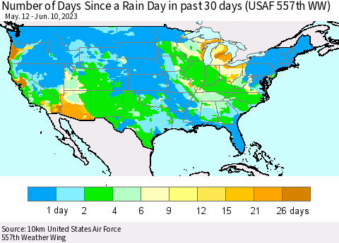 United States Number of Days Since a Rain Day in past 30 days (USAF 557th WW) Thematic Map For 6/6/2023 - 6/10/2023
