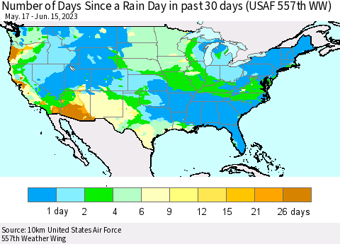 United States Number of Days Since a Rain Day in past 30 days (USAF 557th WW) Thematic Map For 6/11/2023 - 6/15/2023