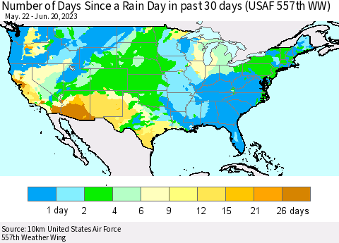 United States Number of Days Since a Rain Day in past 30 days (USAF 557th WW) Thematic Map For 6/16/2023 - 6/20/2023