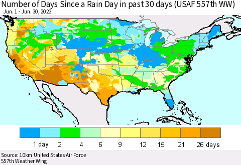 United States Number of Days Since a Rain Day in past 30 days (USAF 557th WW) Thematic Map For 6/26/2023 - 6/30/2023