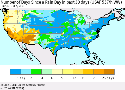 United States Number of Days Since a Rain Day in past 30 days (USAF 557th WW) Thematic Map For 7/1/2023 - 7/5/2023