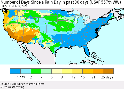 United States Number of Days Since a Rain Day in past 30 days (USAF 557th WW) Thematic Map For 7/6/2023 - 7/10/2023