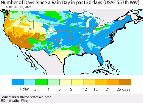 United States Number of Days Since a Rain Day in past 30 days (USAF 557th WW) Thematic Map For 7/11/2023 - 7/15/2023