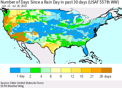 United States Number of Days Since a Rain Day in past 30 days (USAF 557th WW) Thematic Map For 7/16/2023 - 7/20/2023