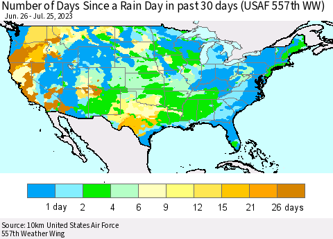 United States Number of Days Since a Rain Day in past 30 days (USAF 557th WW) Thematic Map For 7/21/2023 - 7/25/2023