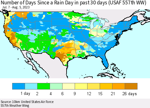United States Number of Days Since a Rain Day in past 30 days (USAF 557th WW) Thematic Map For 8/1/2023 - 8/5/2023