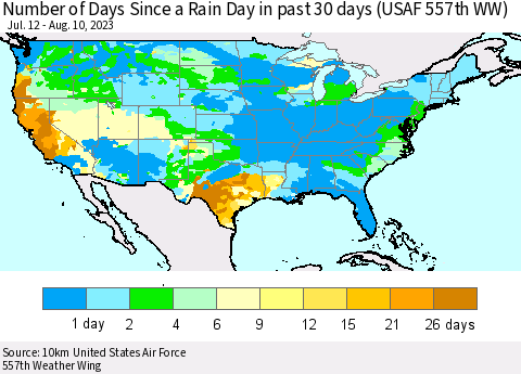 United States Number of Days Since a Rain Day in past 30 days (USAF 557th WW) Thematic Map For 8/6/2023 - 8/10/2023