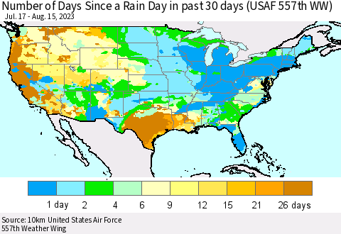 United States Number of Days Since a Rain Day in past 30 days (USAF 557th WW) Thematic Map For 8/11/2023 - 8/15/2023