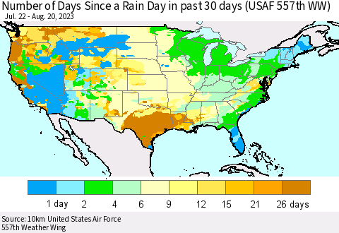 United States Number of Days Since a Rain Day in past 30 days (USAF 557th WW) Thematic Map For 8/16/2023 - 8/20/2023