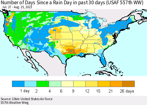 United States Number of Days Since a Rain Day in past 30 days (USAF 557th WW) Thematic Map For 8/21/2023 - 8/25/2023