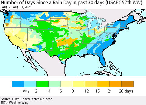 United States Number of Days Since a Rain Day in past 30 days (USAF 557th WW) Thematic Map For 8/26/2023 - 8/31/2023