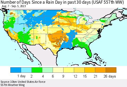 United States Number of Days Since a Rain Day in past 30 days (USAF 557th WW) Thematic Map For 9/1/2023 - 9/5/2023