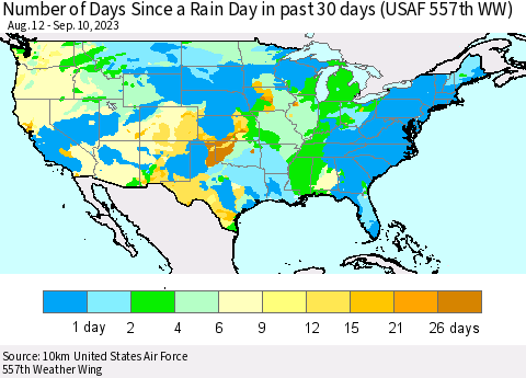 United States Number of Days Since a Rain Day in past 30 days (USAF 557th WW) Thematic Map For 9/6/2023 - 9/10/2023