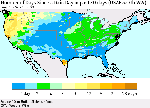 United States Number of Days Since a Rain Day in past 30 days (USAF 557th WW) Thematic Map For 9/11/2023 - 9/15/2023