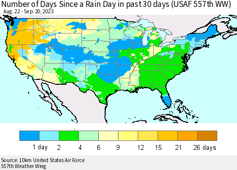 United States Number of Days Since a Rain Day in past 30 days (USAF 557th WW) Thematic Map For 9/16/2023 - 9/20/2023