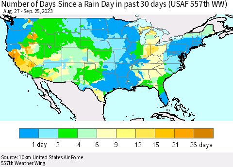 United States Number of Days Since a Rain Day in past 30 days (USAF 557th WW) Thematic Map For 9/21/2023 - 9/25/2023