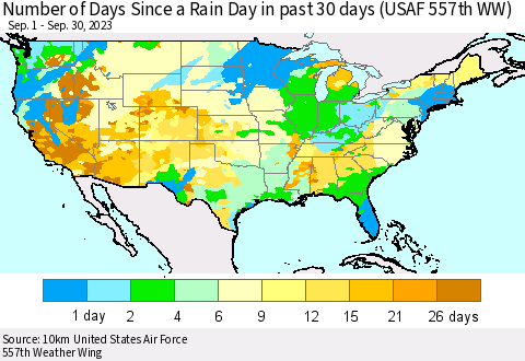 United States Number of Days Since a Rain Day in past 30 days (USAF 557th WW) Thematic Map For 9/26/2023 - 9/30/2023