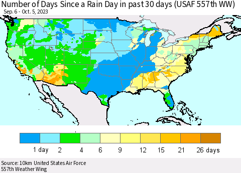 United States Number of Days Since a Rain Day in past 30 days (USAF 557th WW) Thematic Map For 10/1/2023 - 10/5/2023