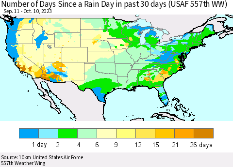 United States Number of Days Since a Rain Day in past 30 days (USAF 557th WW) Thematic Map For 10/6/2023 - 10/10/2023