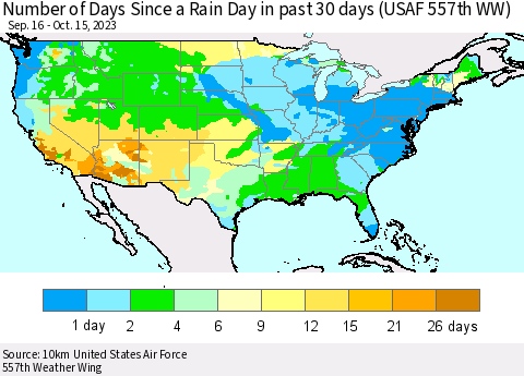 United States Number of Days Since a Rain Day in past 30 days (USAF 557th WW) Thematic Map For 10/11/2023 - 10/15/2023