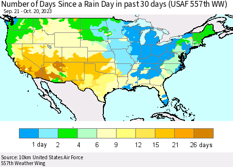 United States Number of Days Since a Rain Day in past 30 days (USAF 557th WW) Thematic Map For 10/16/2023 - 10/20/2023