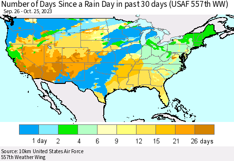United States Number of Days Since a Rain Day in past 30 days (USAF 557th WW) Thematic Map For 10/21/2023 - 10/25/2023