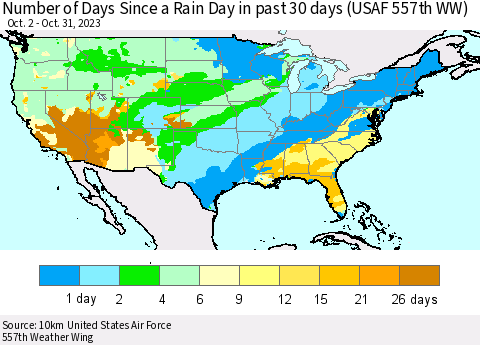 United States Number of Days Since a Rain Day in past 30 days (USAF 557th WW) Thematic Map For 10/26/2023 - 10/31/2023