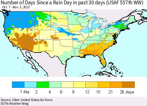 United States Number of Days Since a Rain Day in past 30 days (USAF 557th WW) Thematic Map For 11/1/2023 - 11/5/2023