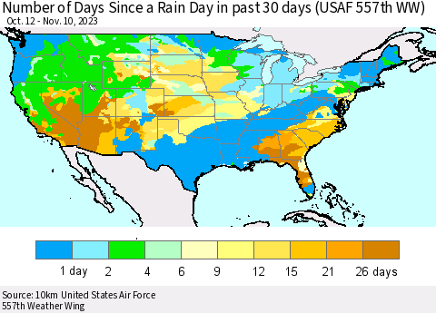 United States Number of Days Since a Rain Day in past 30 days (USAF 557th WW) Thematic Map For 11/6/2023 - 11/10/2023