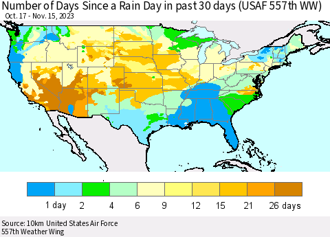 United States Number of Days Since a Rain Day in past 30 days (USAF 557th WW) Thematic Map For 11/11/2023 - 11/15/2023