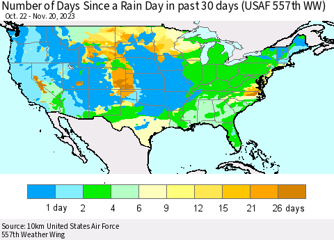 United States Number of Days Since a Rain Day in past 30 days (USAF 557th WW) Thematic Map For 11/16/2023 - 11/20/2023