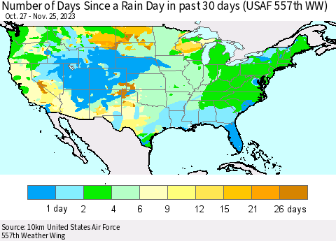 United States Number of Days Since a Rain Day in past 30 days (USAF 557th WW) Thematic Map For 11/21/2023 - 11/25/2023