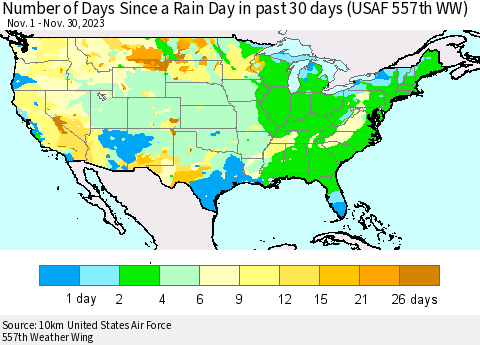 United States Number of Days Since a Rain Day in past 30 days (USAF 557th WW) Thematic Map For 11/26/2023 - 11/30/2023
