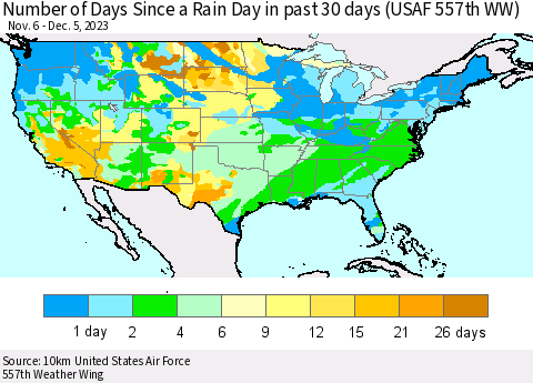 United States Number of Days Since a Rain Day in past 30 days (USAF 557th WW) Thematic Map For 12/1/2023 - 12/5/2023