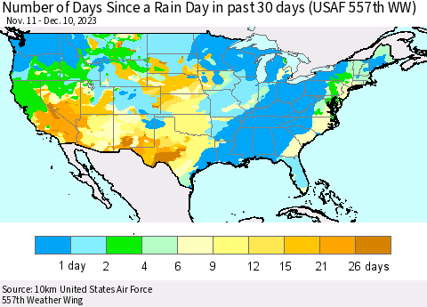 United States Number of Days Since a Rain Day in past 30 days (USAF 557th WW) Thematic Map For 12/6/2023 - 12/10/2023