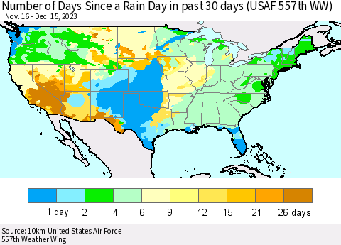 United States Number of Days Since a Rain Day in past 30 days (USAF 557th WW) Thematic Map For 12/11/2023 - 12/15/2023