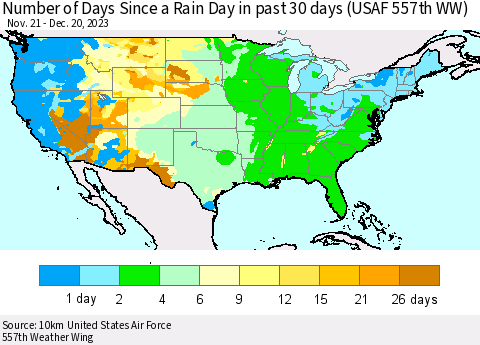 United States Number of Days Since a Rain Day in past 30 days (USAF 557th WW) Thematic Map For 12/16/2023 - 12/20/2023