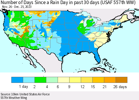 United States Number of Days Since a Rain Day in past 30 days (USAF 557th WW) Thematic Map For 12/21/2023 - 12/25/2023