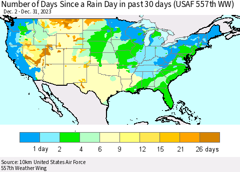 United States Number of Days Since a Rain Day in past 30 days (USAF 557th WW) Thematic Map For 12/26/2023 - 12/31/2023